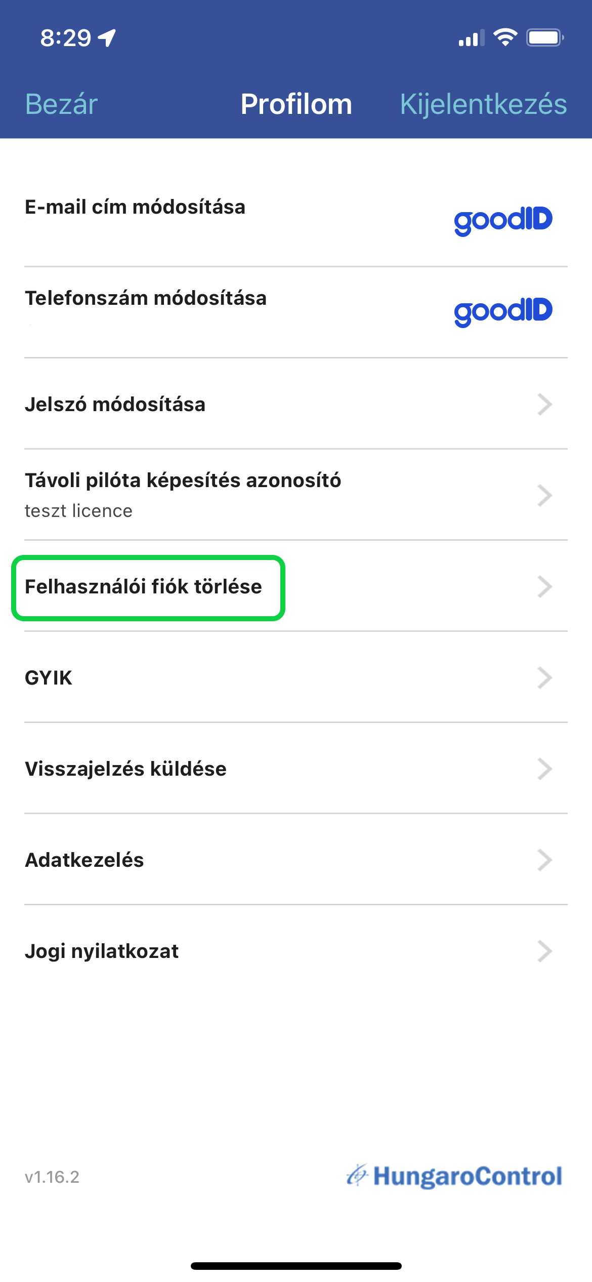 Regisztráció törlése 2. lépés